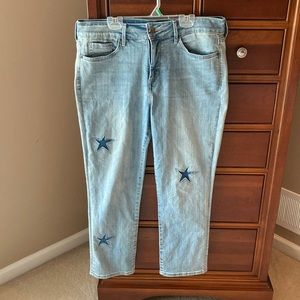 NYDJ Sheri Ankle denim blue jeans, lightwash w/stars, Lift X Tuck technology, 12